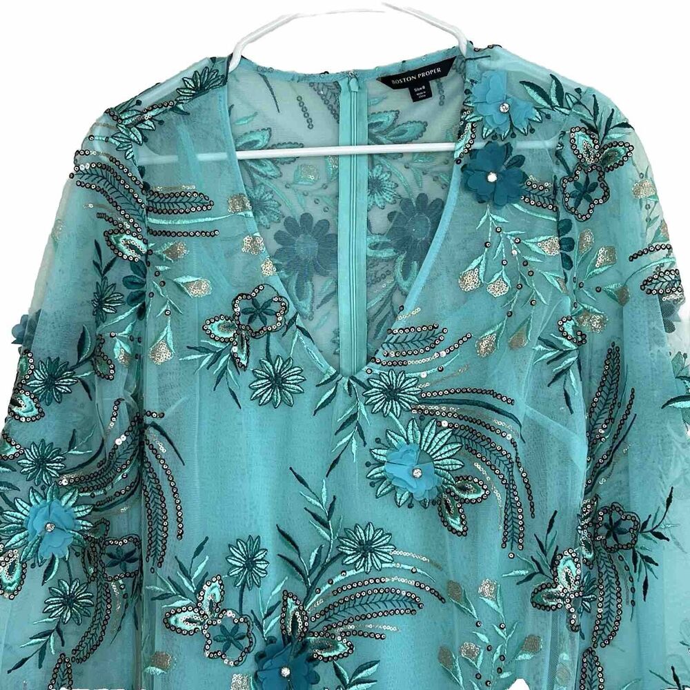BOSTON PROPER SEXY SEQUIN/EMBROIDERED APPLIQUE BELL SLEEVE COCKTAIL DRESS 8 E19 - Picture 2 of 11